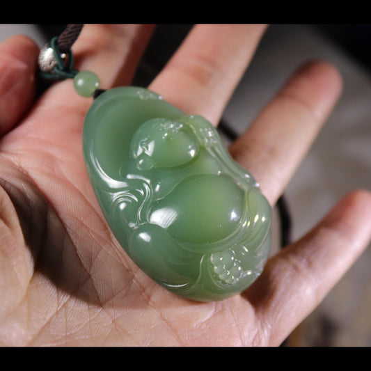 Certified Green Nephrite Jade Buddha Pendant - Premium Quality with Cord Necklace