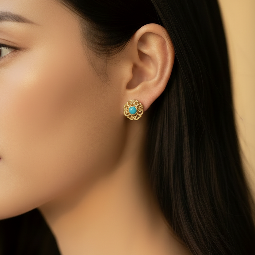Chinese traditional Vintage style Turquoise S925 silver ear studs