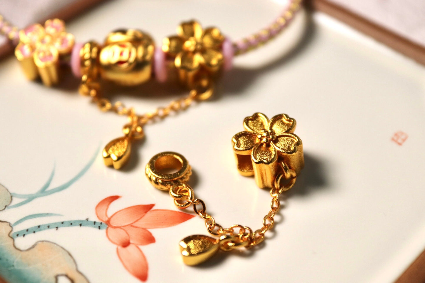 4mm hole auspicious Chinese Gold charm beads for cord braided bracelet bangle