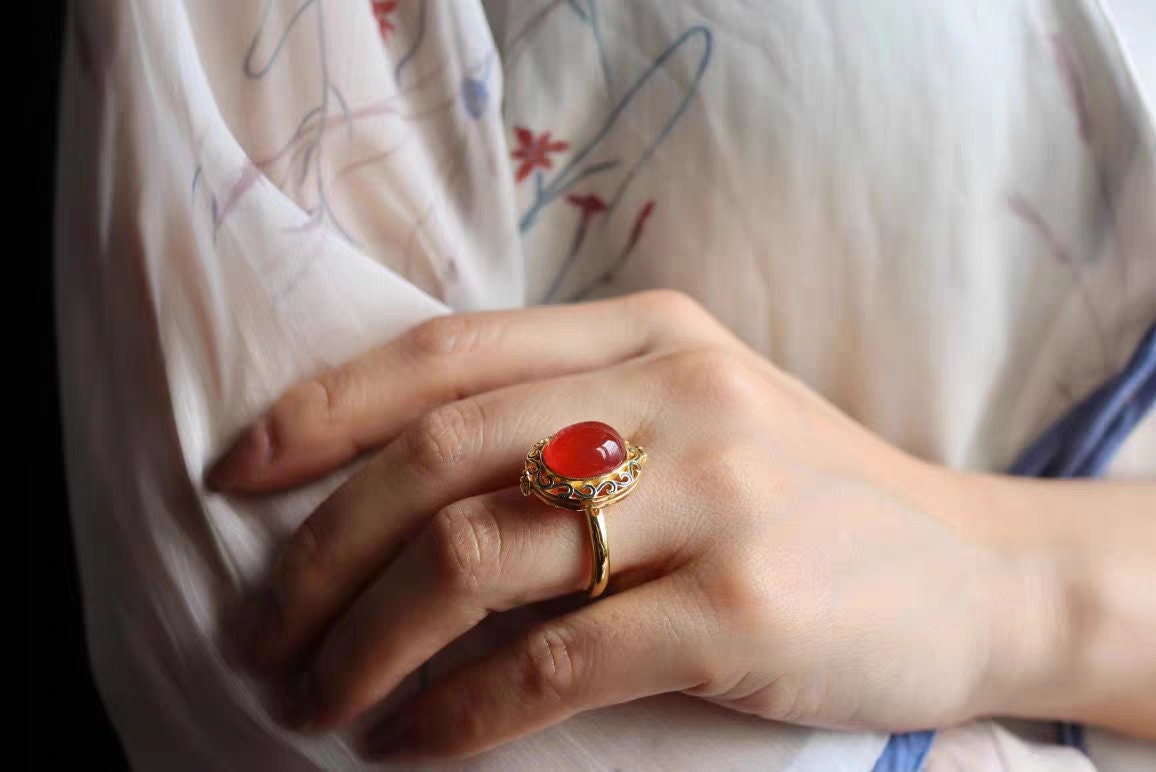 Red Agate Locket Ring: Chinese Vintage Style Gold Plated S925 Silver