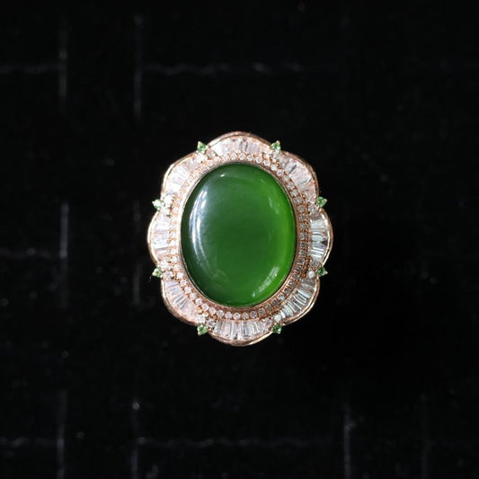 Certified Green nephrite Jade Ring: 18k Gold Band,US Size 5.5