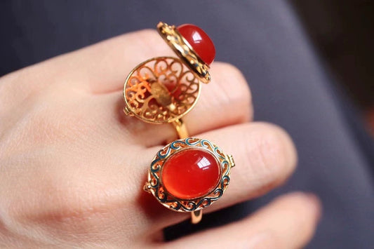 Red Agate Locket Ring: Chinese Vintage Style Gold Plated S925 Silver