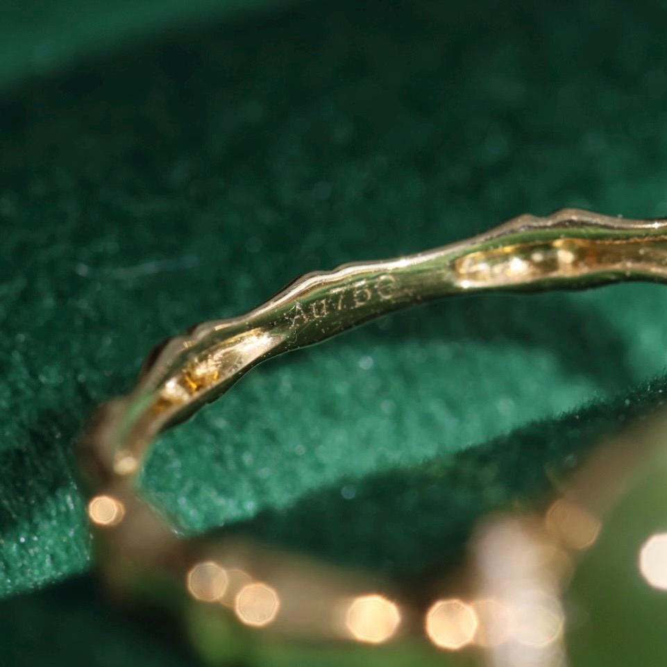 Certified Cat Eye Jade Ring: 18k Gold Bamboo Band, Diamond Accents, US Size 5.5