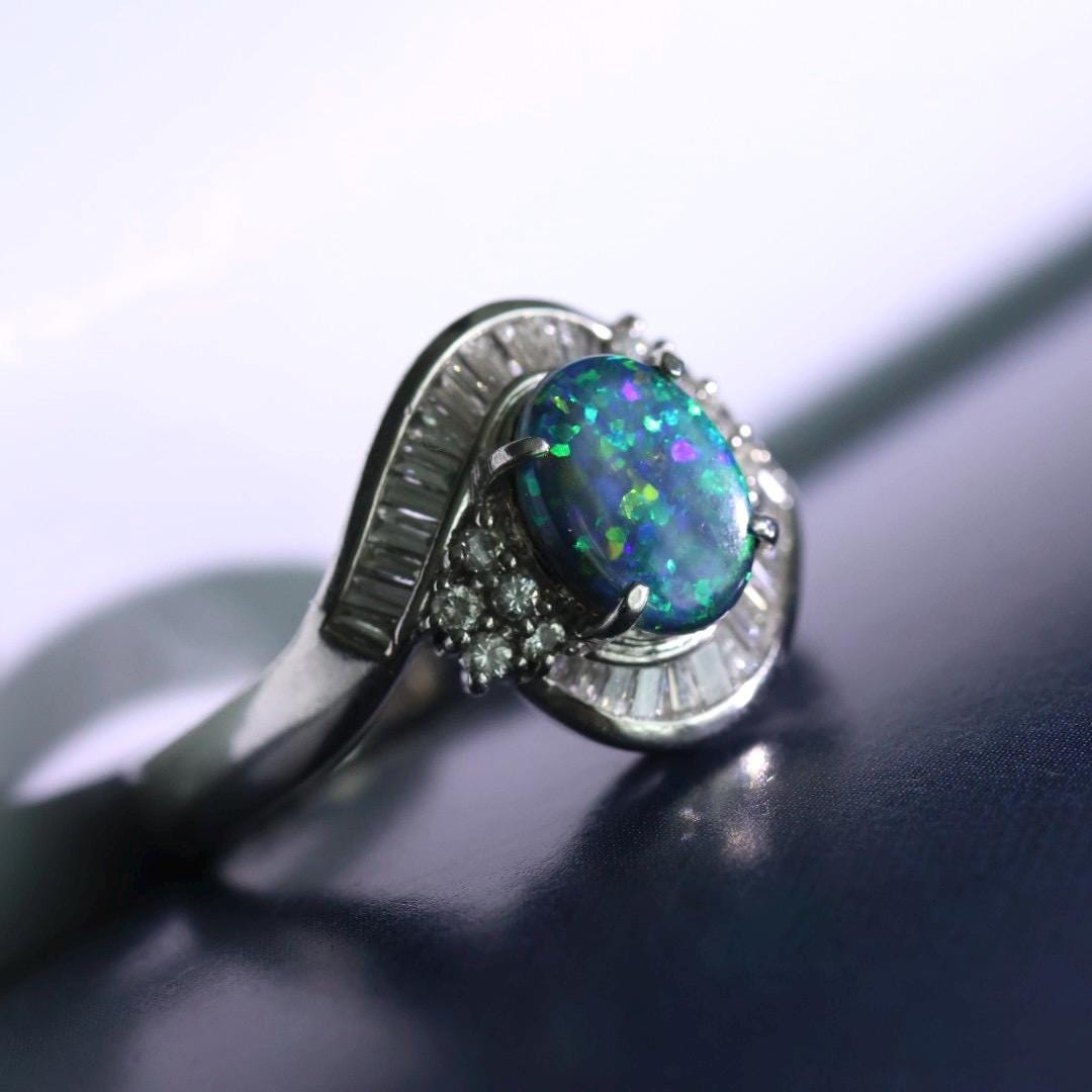 Vintage certified Australian black opal diamond ring US size 6.5