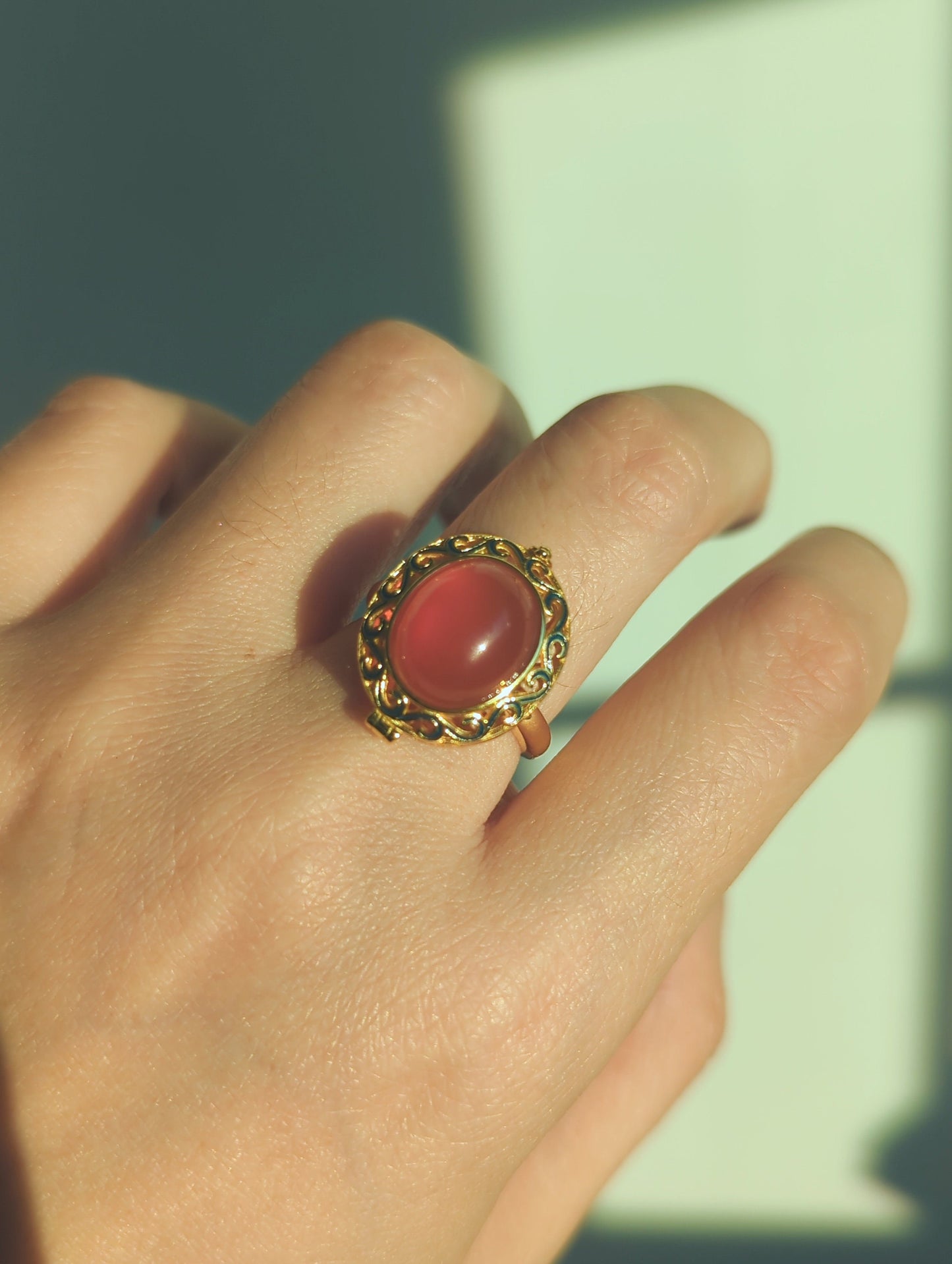 Red Agate Locket Ring: Chinese Vintage Style Gold Plated S925 Silver