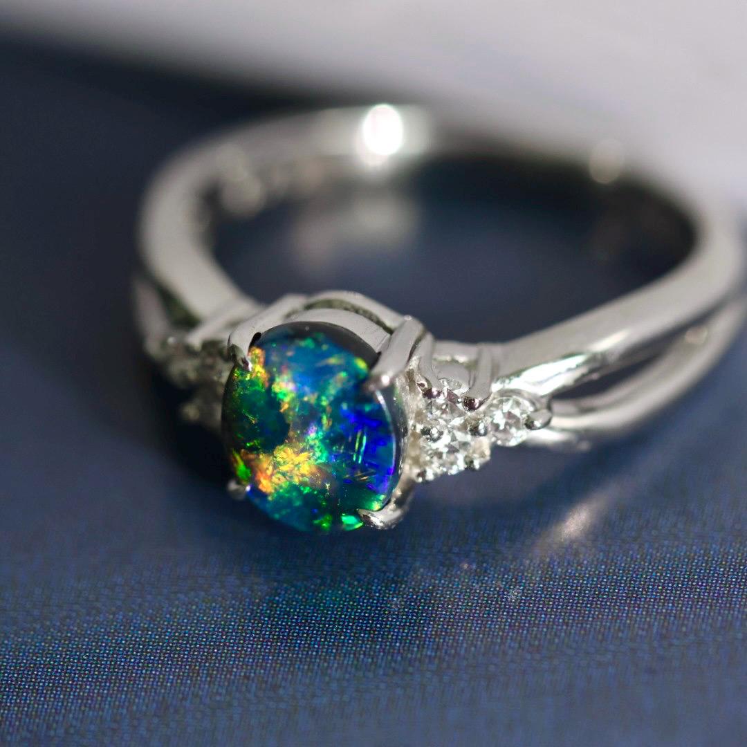 Vintage Tasaki certified Australian black opal diamond ring US size 6