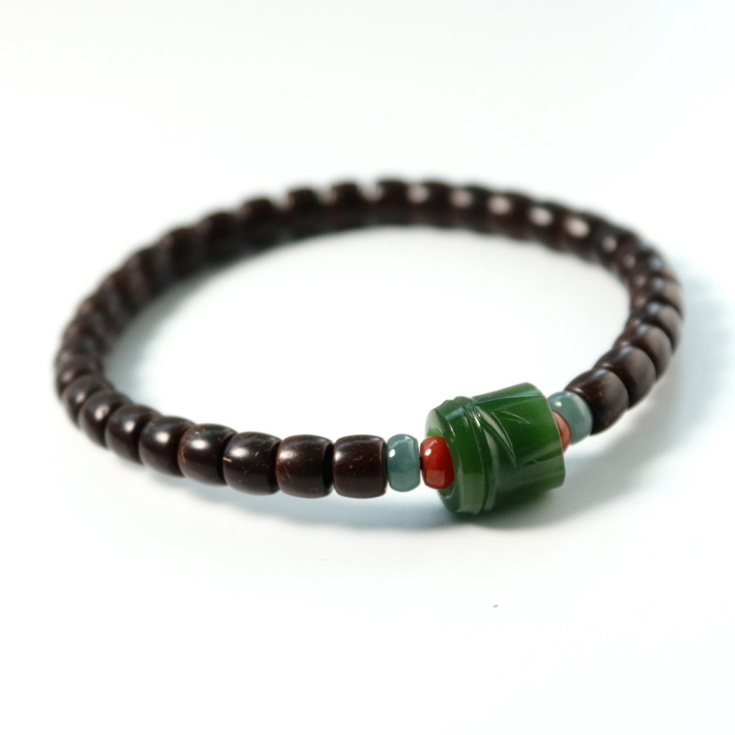 Coconut shell bracelet with nephrite bamboo carved bead certified
