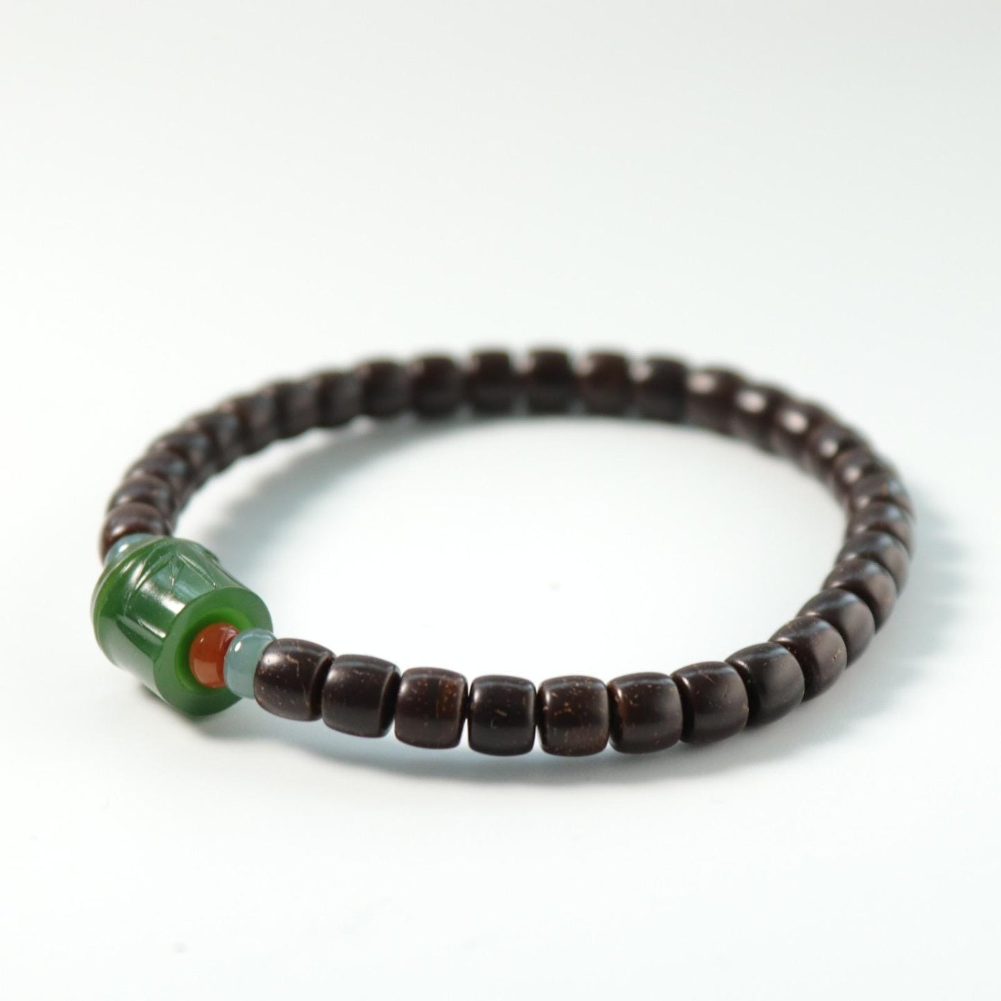 Coconut shell bracelet with nephrite bamboo carved bead certified