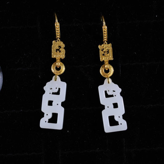 Certified Antique style white nephrite dragon and solid gold earrings 18k