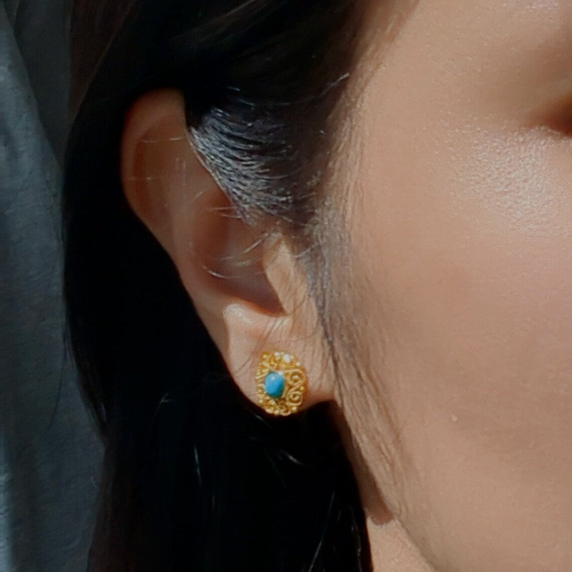 Chinese traditional Vintage style Turquoise S925 silver ear studs