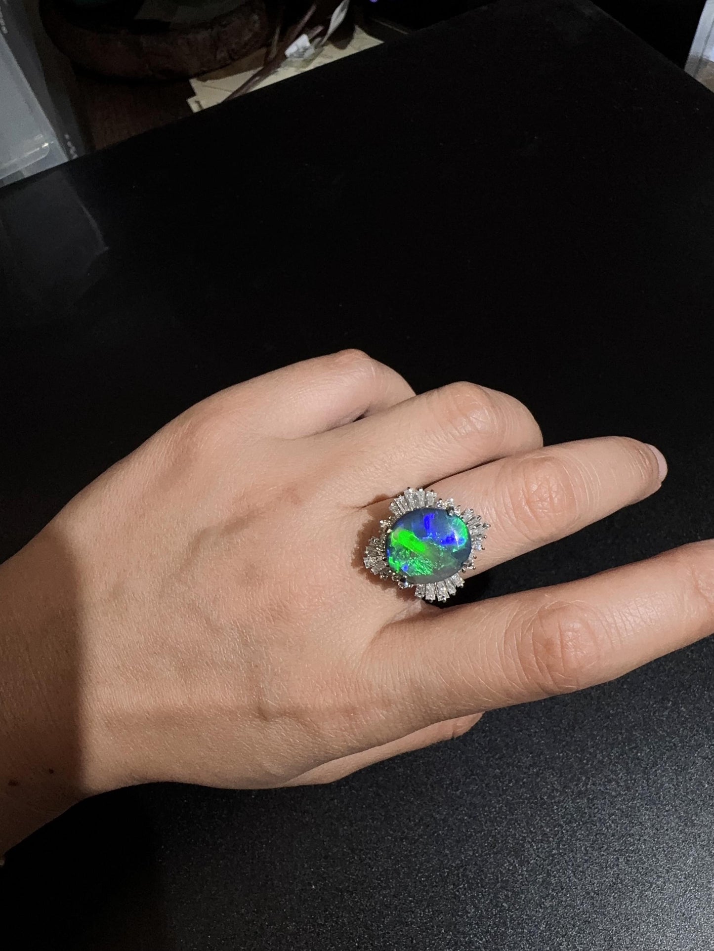 Vintage IGI certified Australian black opal diamond ring US size 6.5