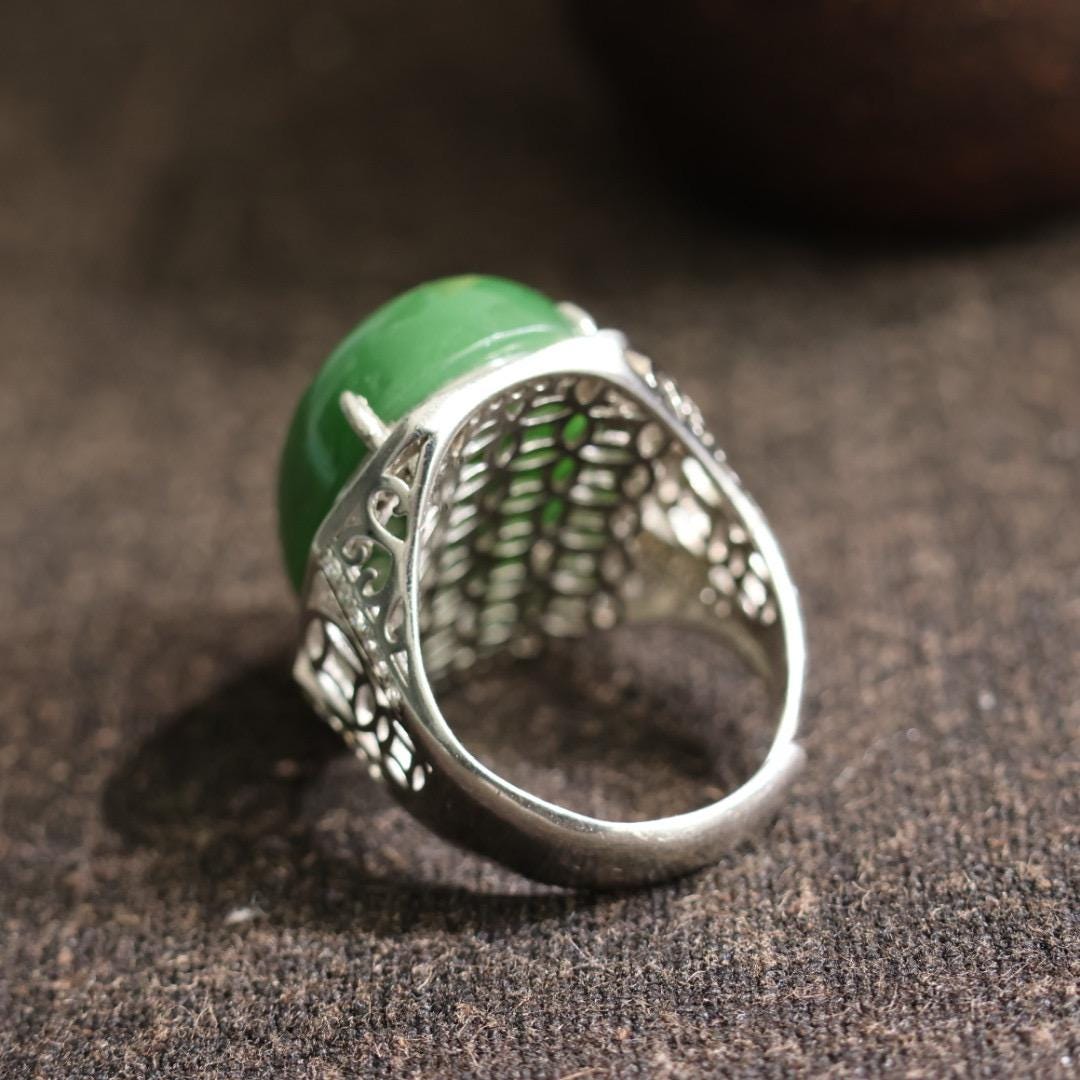 vintage genuine nephrite green jade ring adjustable s925 silver setting