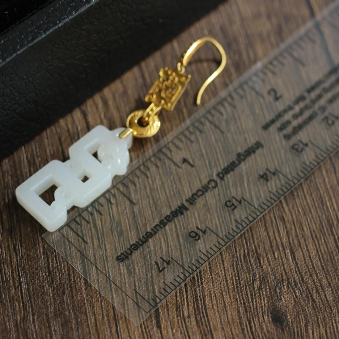 Certified Antique style white nephrite dragon and solid gold earrings 18k