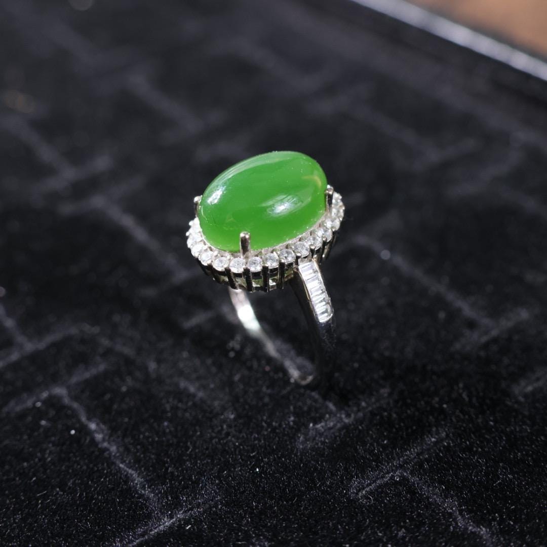 Lush green nephrite Jade Ring: s925 silver Band, adjustable size