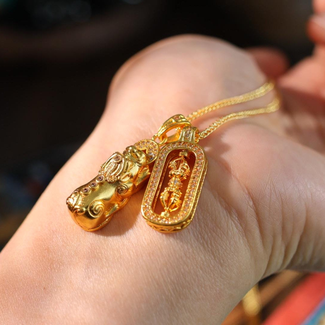 24k gold gada majra scepter and pixiu pendant 貔貅金刚杵吊坠项链