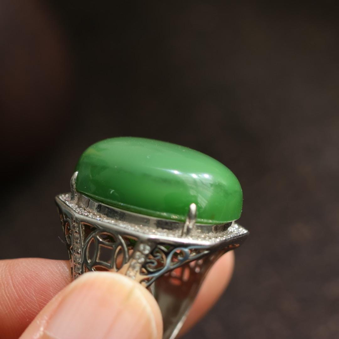 vintage genuine nephrite green jade ring adjustable s925 silver setting