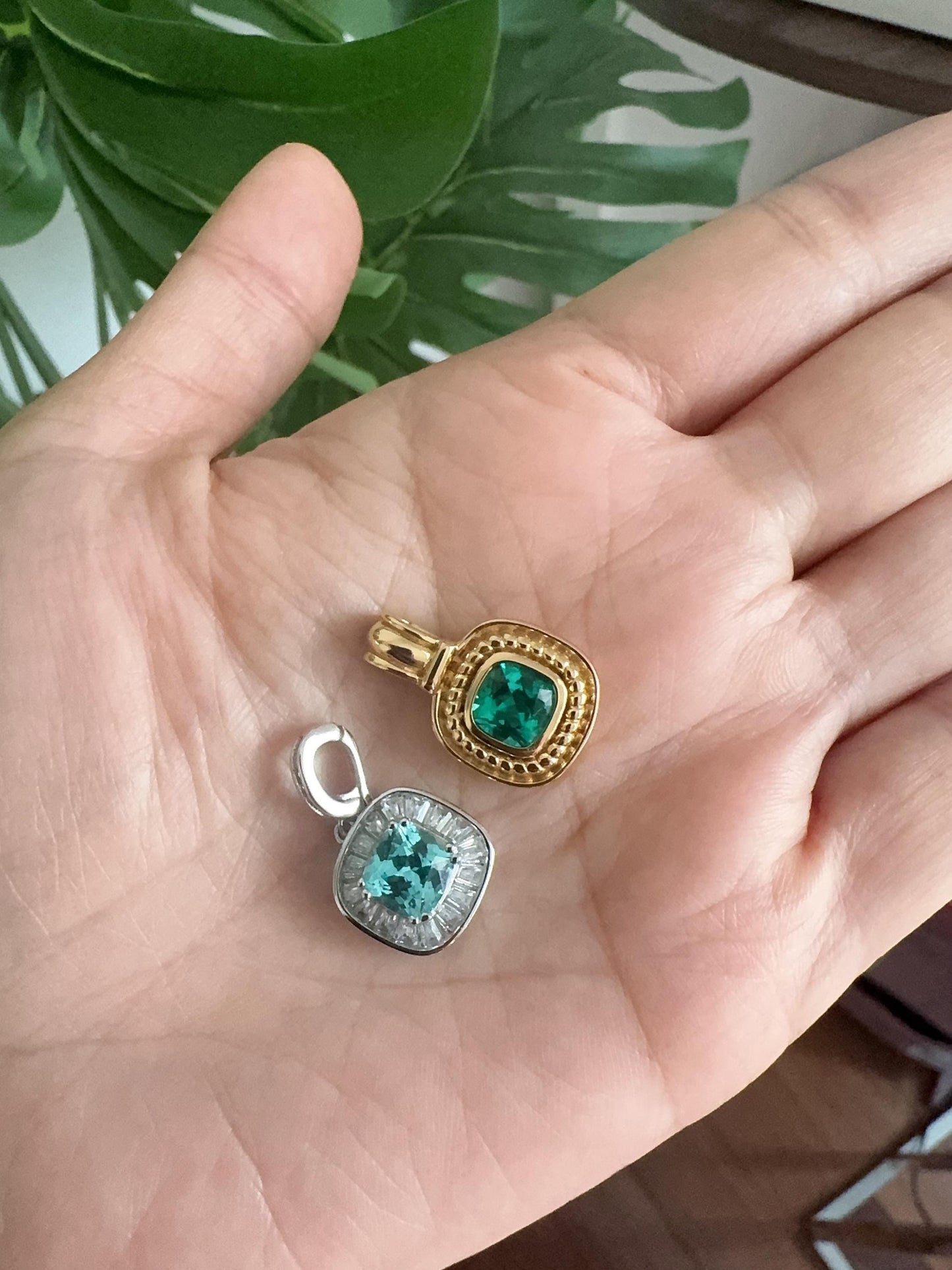 pre-owned lab grown emeral and paraiba Pendant, Sterling Silver