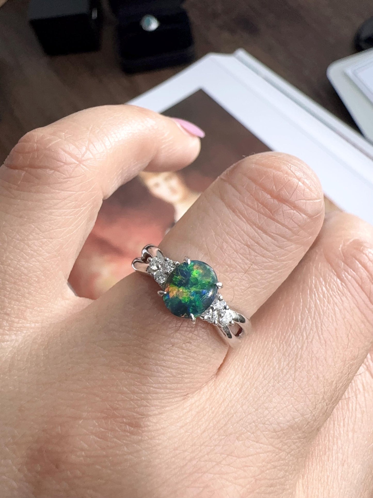 Vintage Tasaki certified Australian black opal diamond ring US size 6