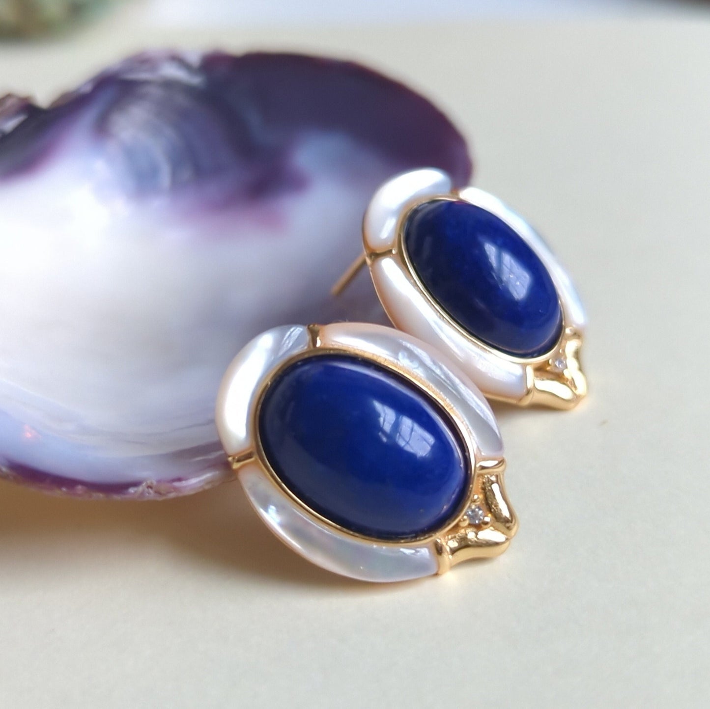 Mid Century Lapis & Mother of Pearl Earrings: S925 Silver