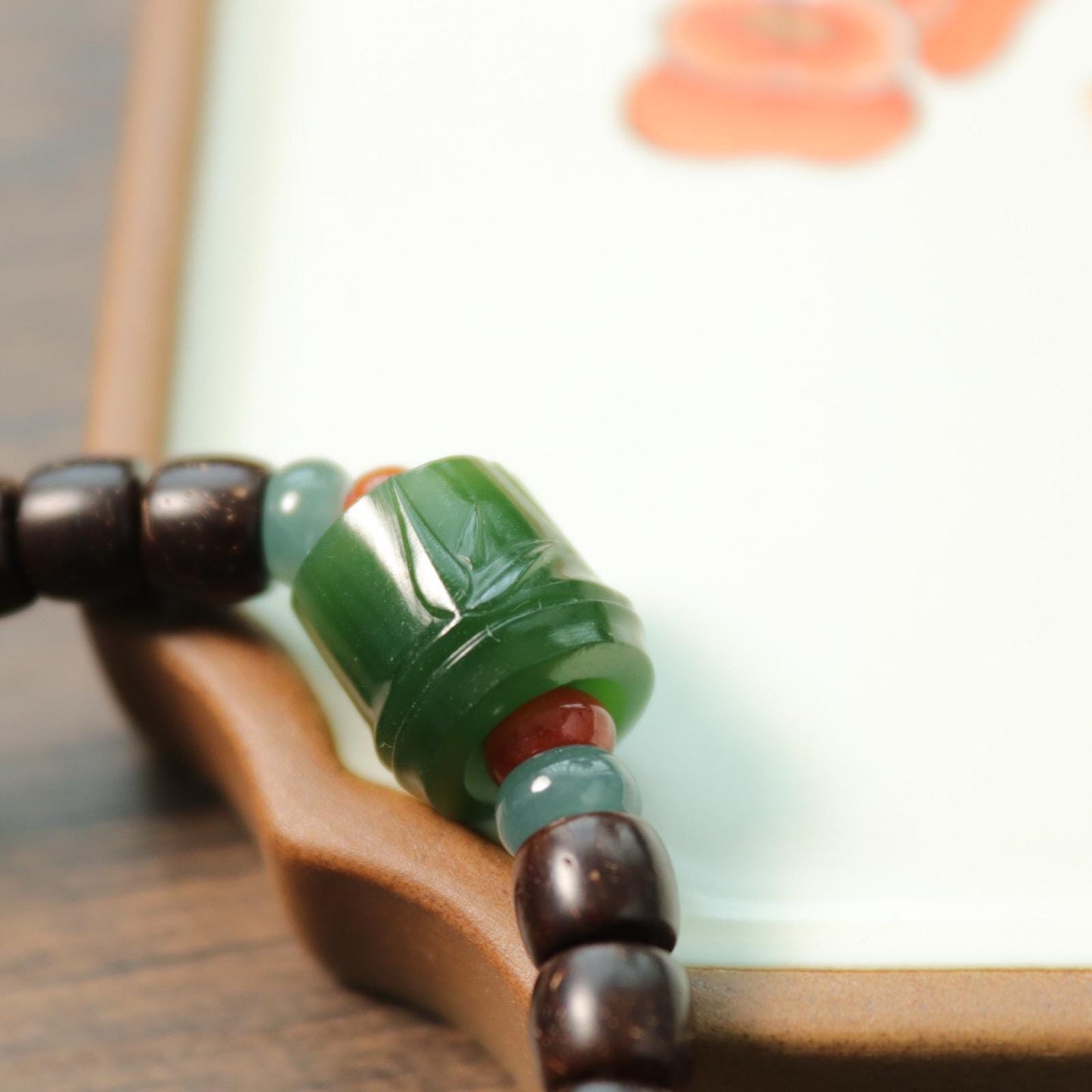 Coconut shell bracelet with nephrite bamboo carved bead certified