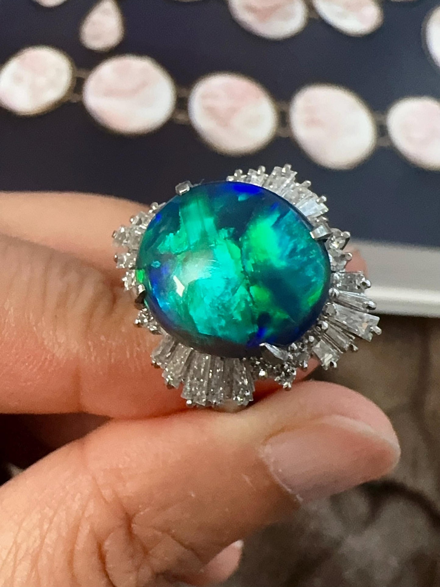 Vintage IGI certified Australian black opal diamond ring US size 6.5