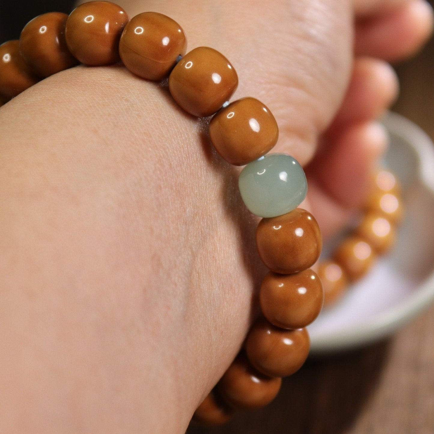 10mm Walnut bracelet with nephrite jade