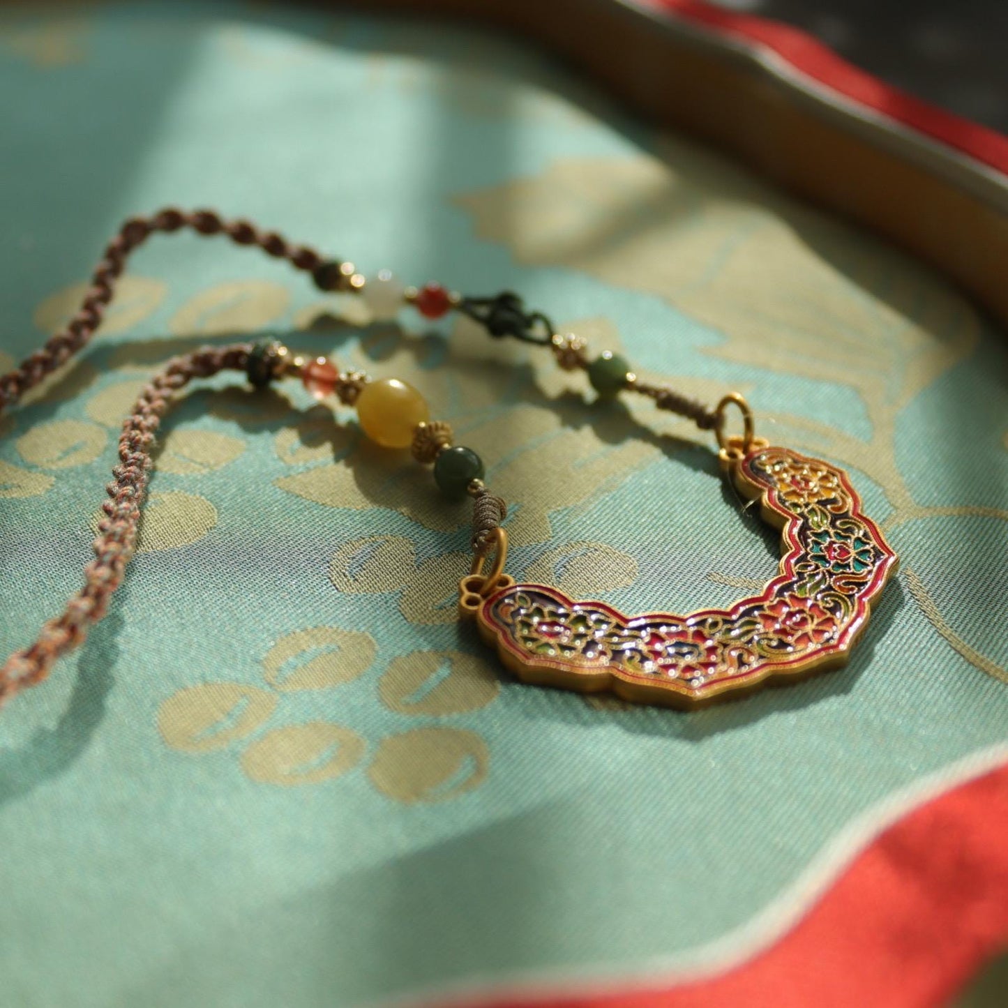 Traditional Chinese Gold Enamel Longevity Lock Pendant Necklace