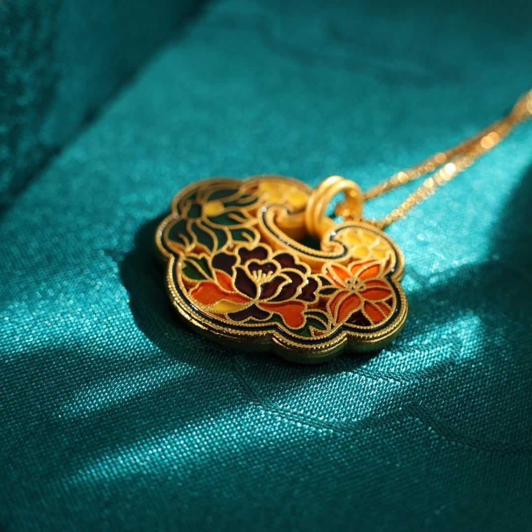 24k gold plated peony lock pendant 足金色花开富贵锁吊坠