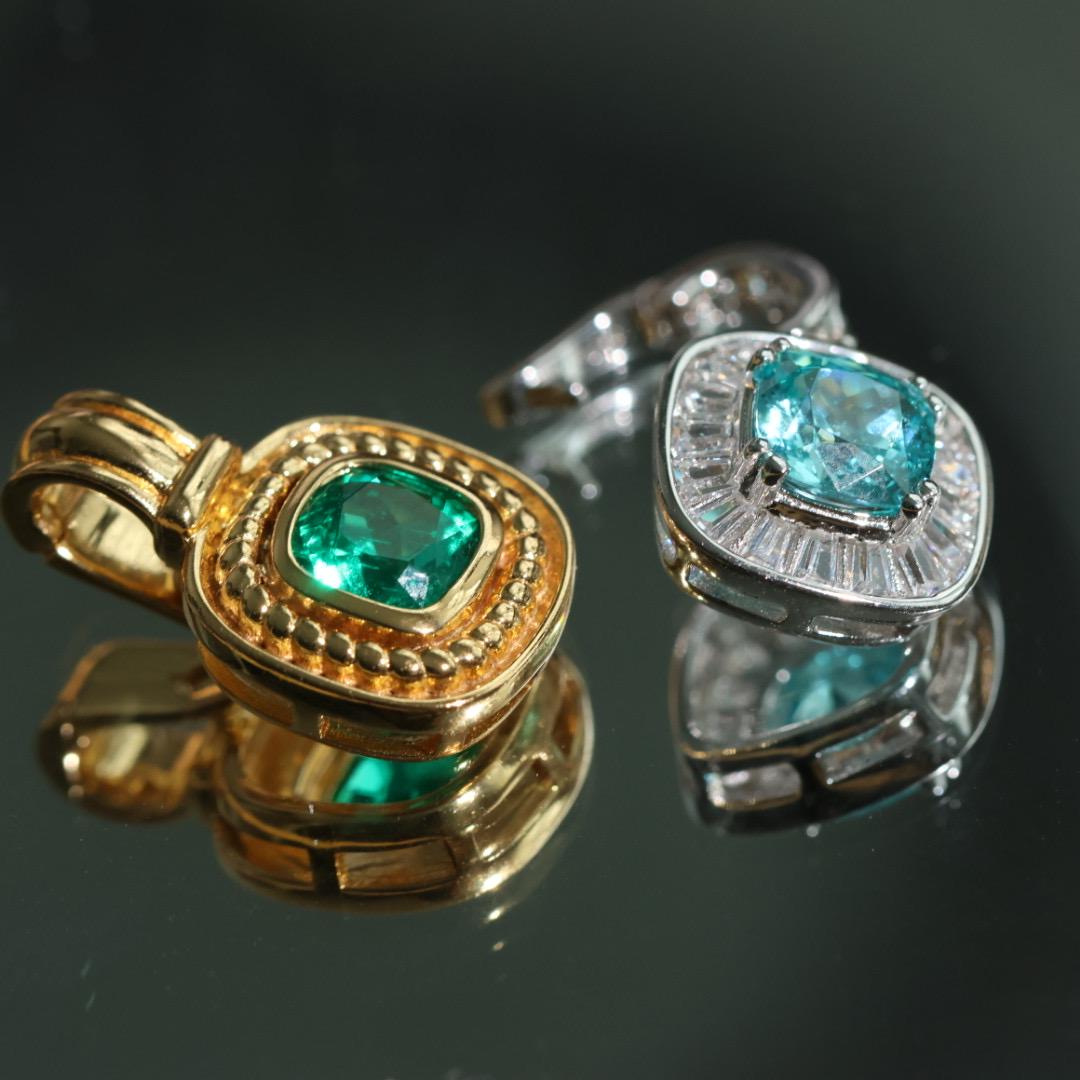 pre-owned lab grown emeral and paraiba Pendant, Sterling Silver