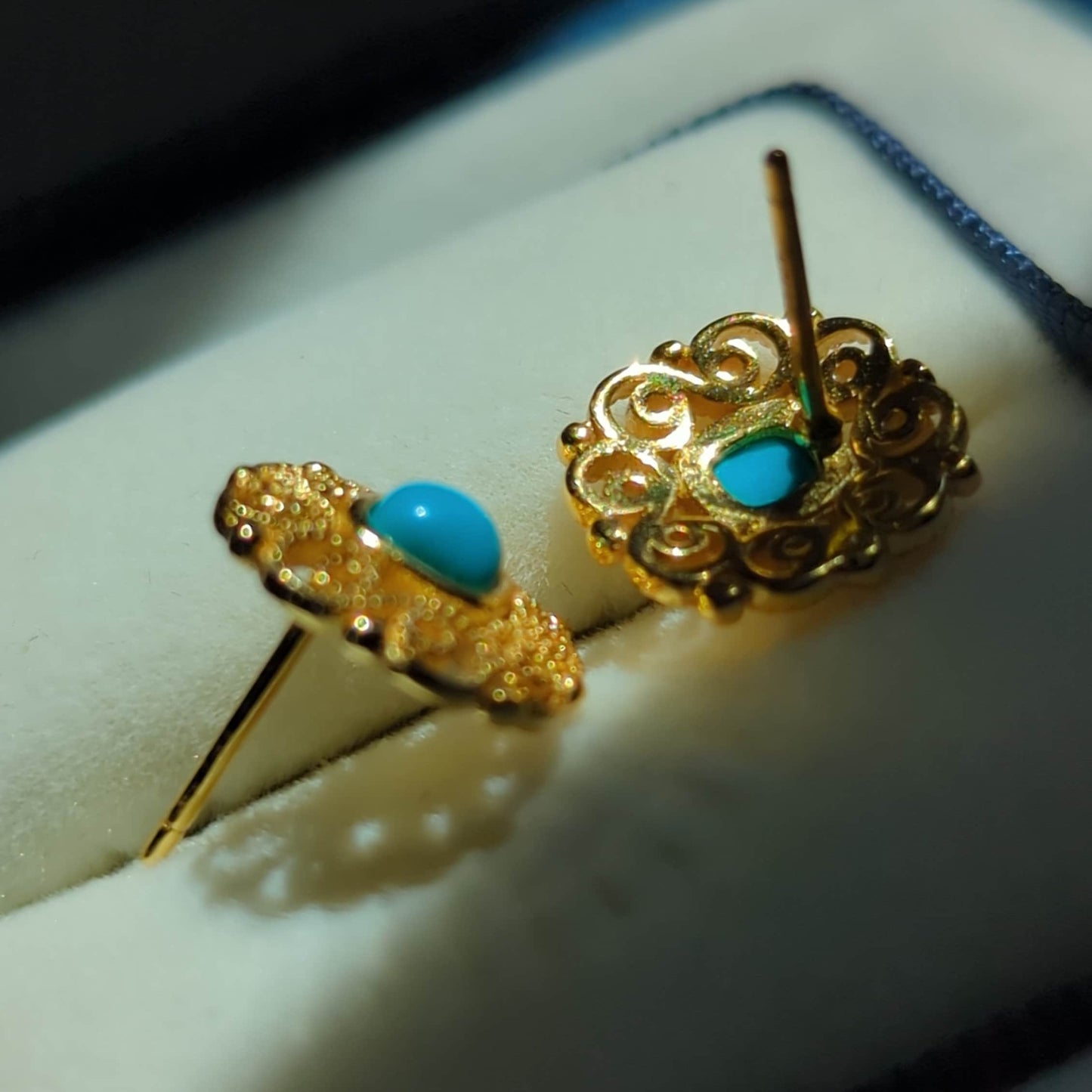 Chinese traditional Vintage style Turquoise S925 silver ear studs