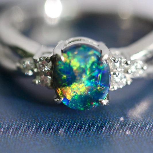 Vintage Tasaki certified Australian black opal diamond ring US size 6