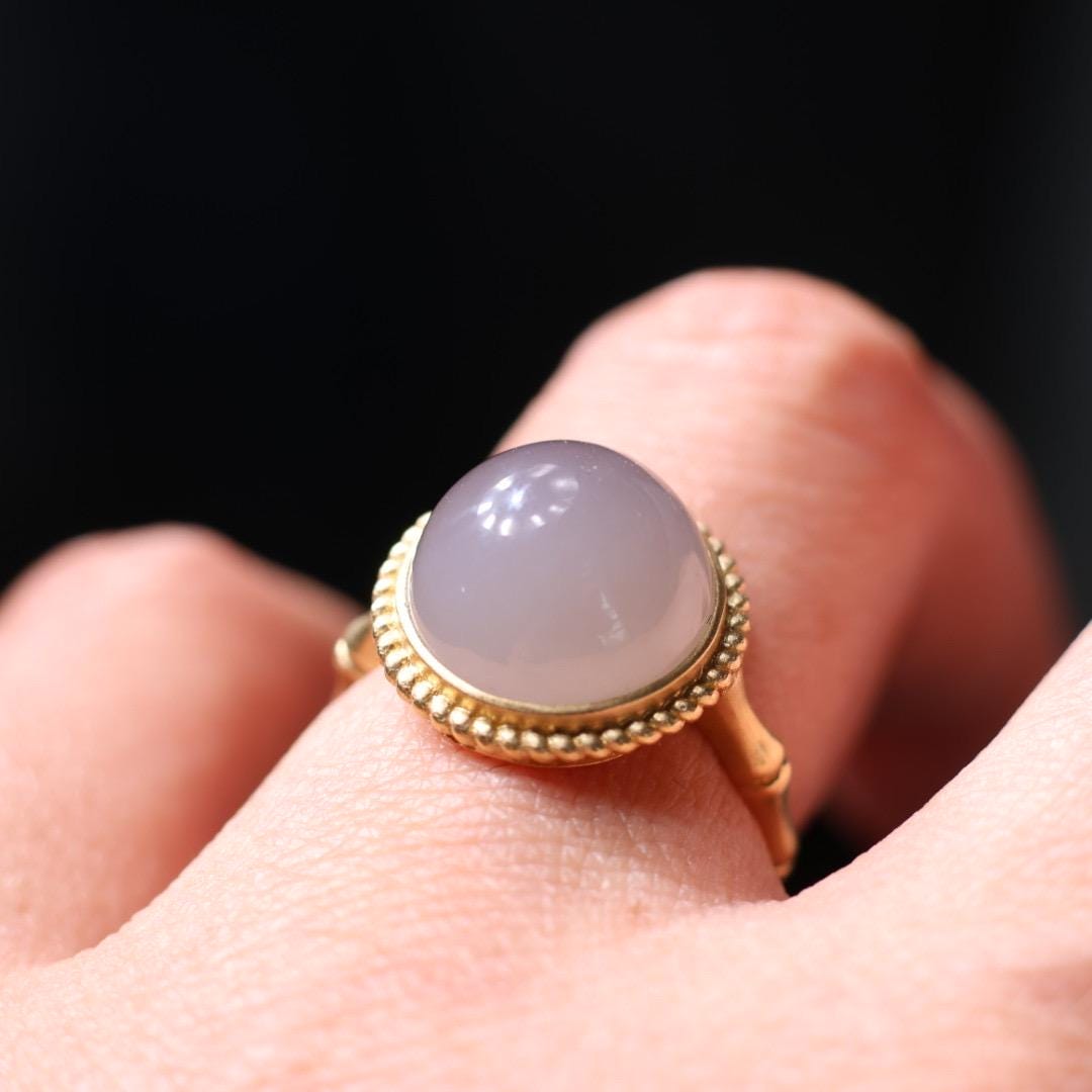 Light smoky purple nephrite Jade Ring: 18k Gold Bamboo Band,US Size 5.5