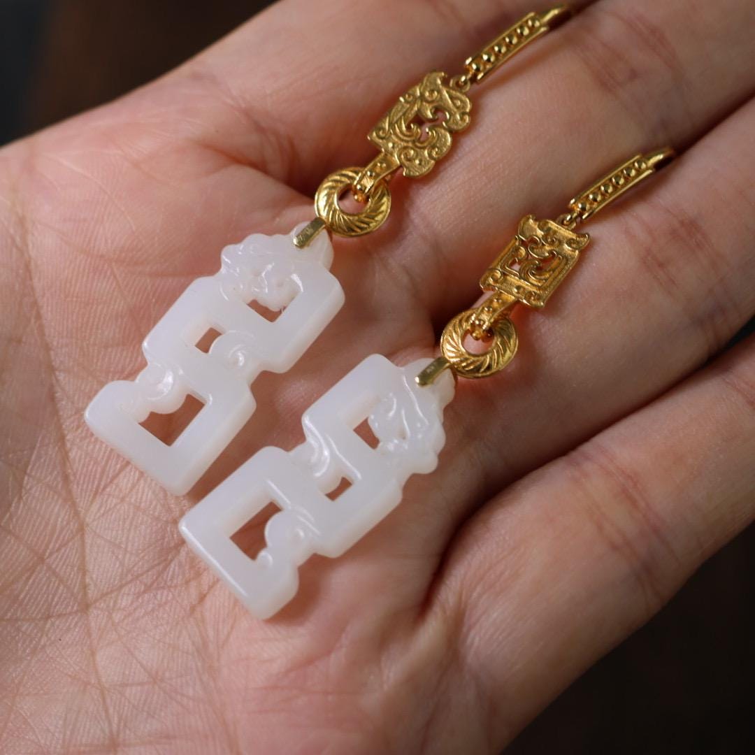 Certified Antique style white nephrite dragon and solid gold earrings 18k