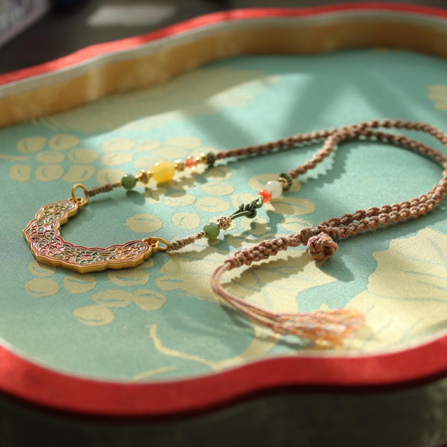 Traditional Chinese Gold Enamel Longevity Lock Pendant Necklace