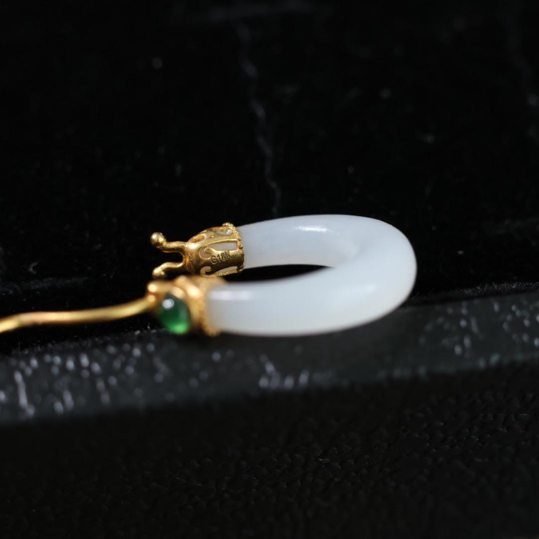 Certified Antique style white nephrite dragon and solid gold earrings 18k