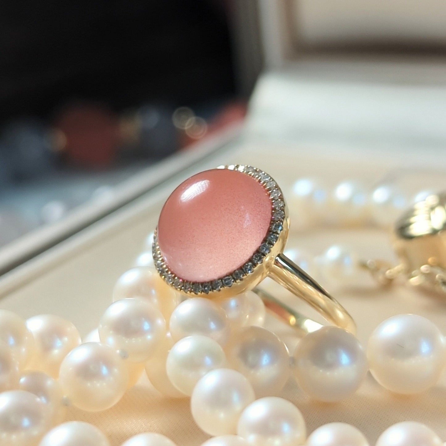 Icy Pink Nanhong Agate Ring: 18K Gold Diamond Halo