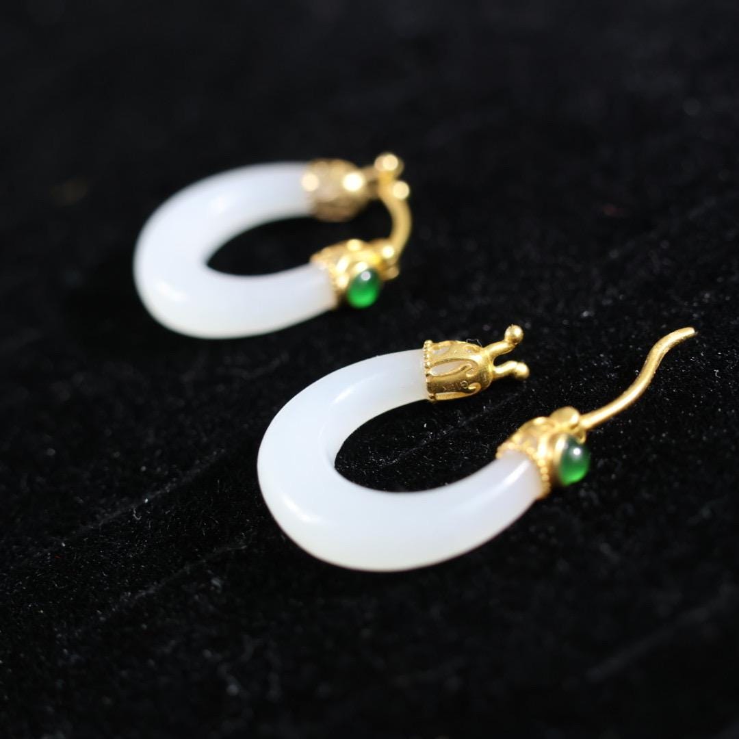 Certified Antique style white nephrite dragon and solid gold earrings 18k