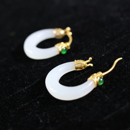 Certified Antique style white nephrite dragon and solid gold earrings 18k