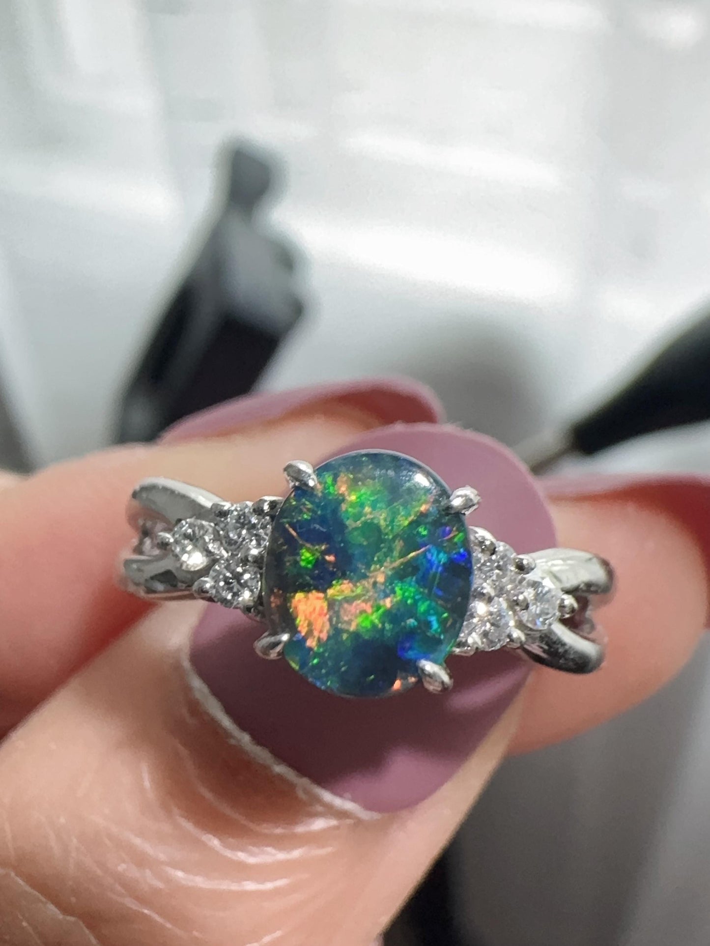 Vintage Tasaki certified Australian black opal diamond ring US size 6