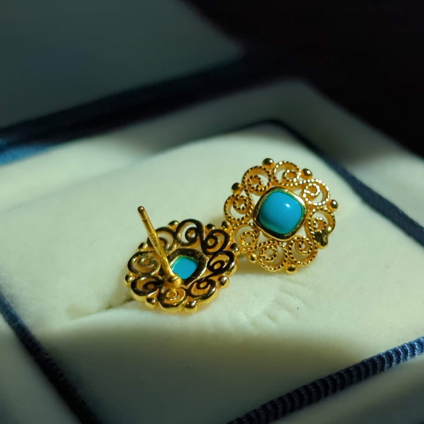 Chinese traditional Vintage style Turquoise S925 silver ear studs