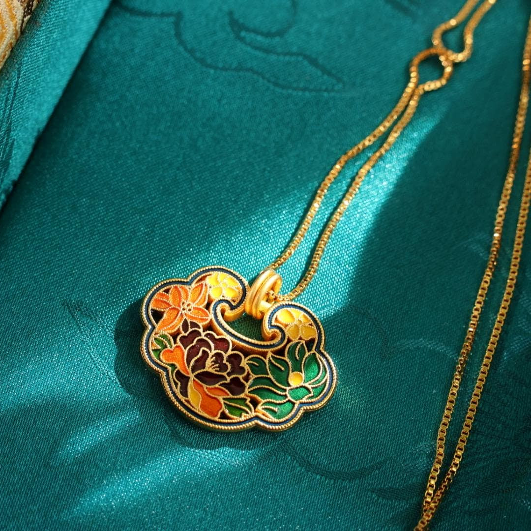 24k gold plated peony lock pendant 足金色花开富贵锁吊坠