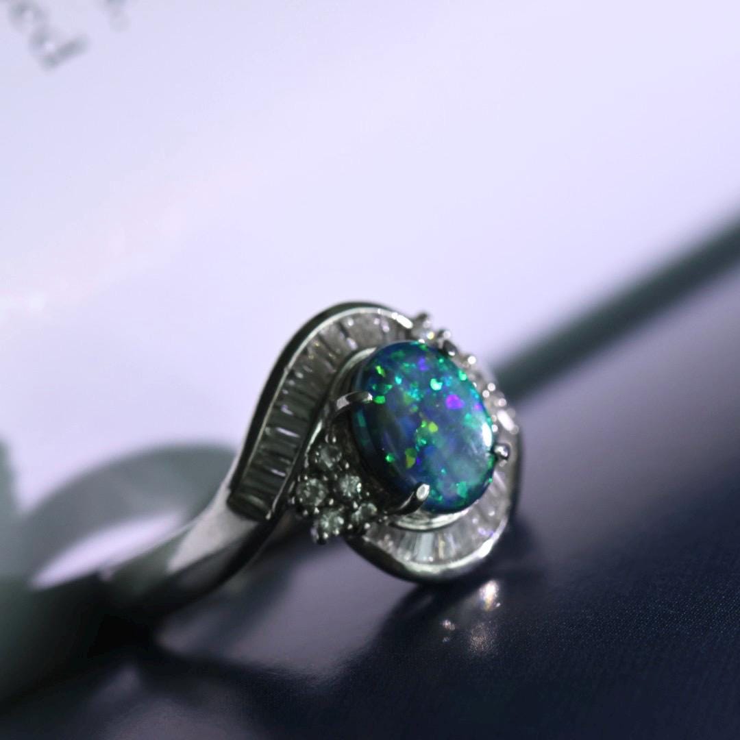Vintage certified Australian black opal diamond ring US size 6.5