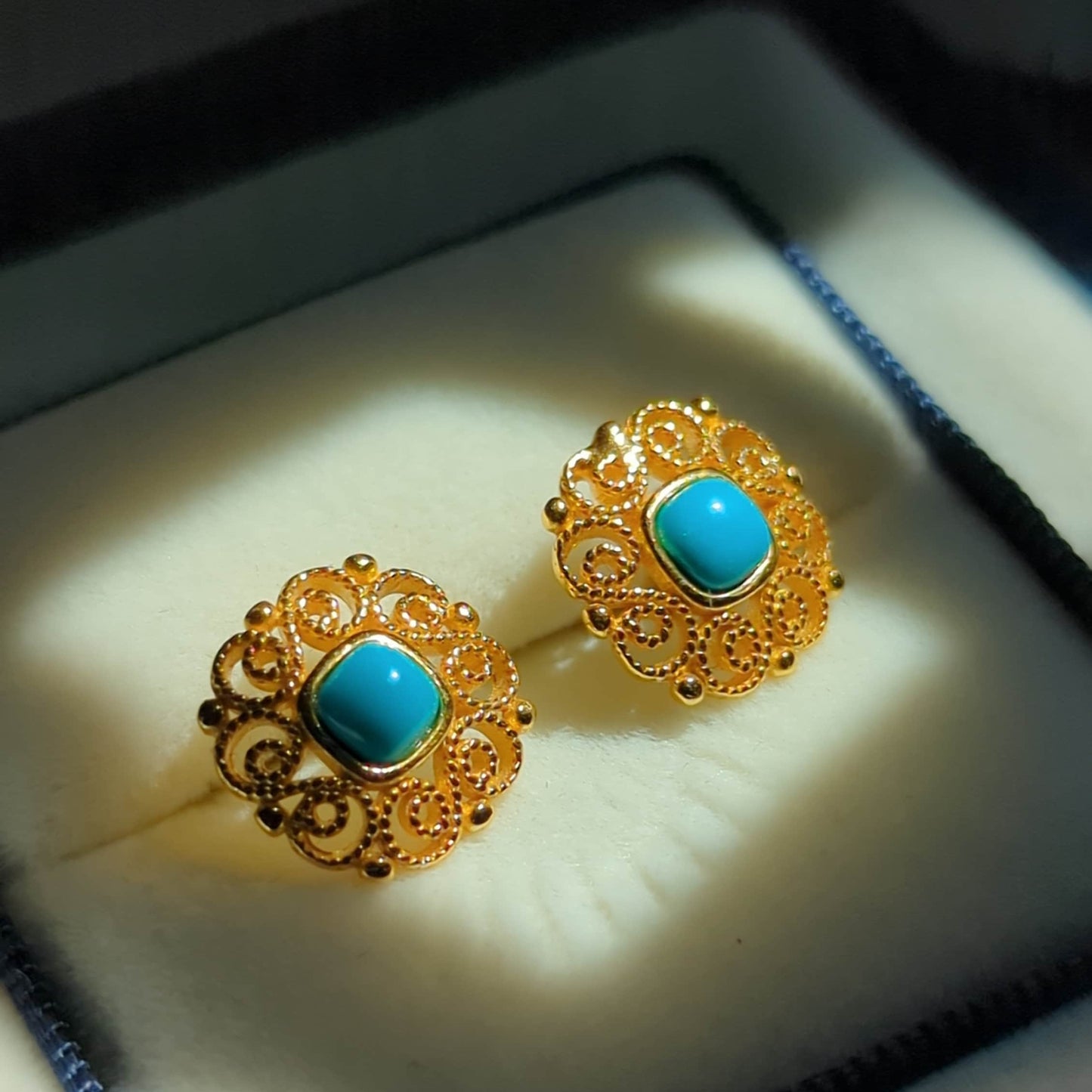 Chinese traditional Vintage style Turquoise S925 silver ear studs