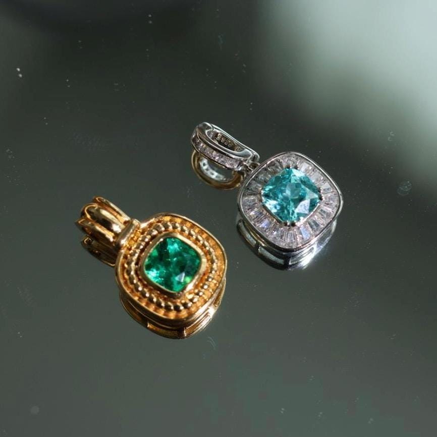 pre-owned lab grown emeral and paraiba Pendant, Sterling Silver