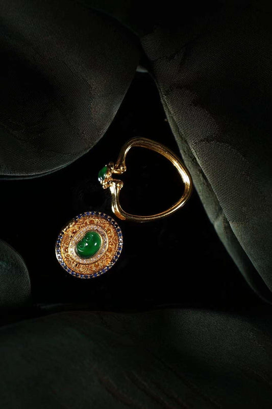 18K gold ring and pendant with lush green jadeite jade gemstone incense holder