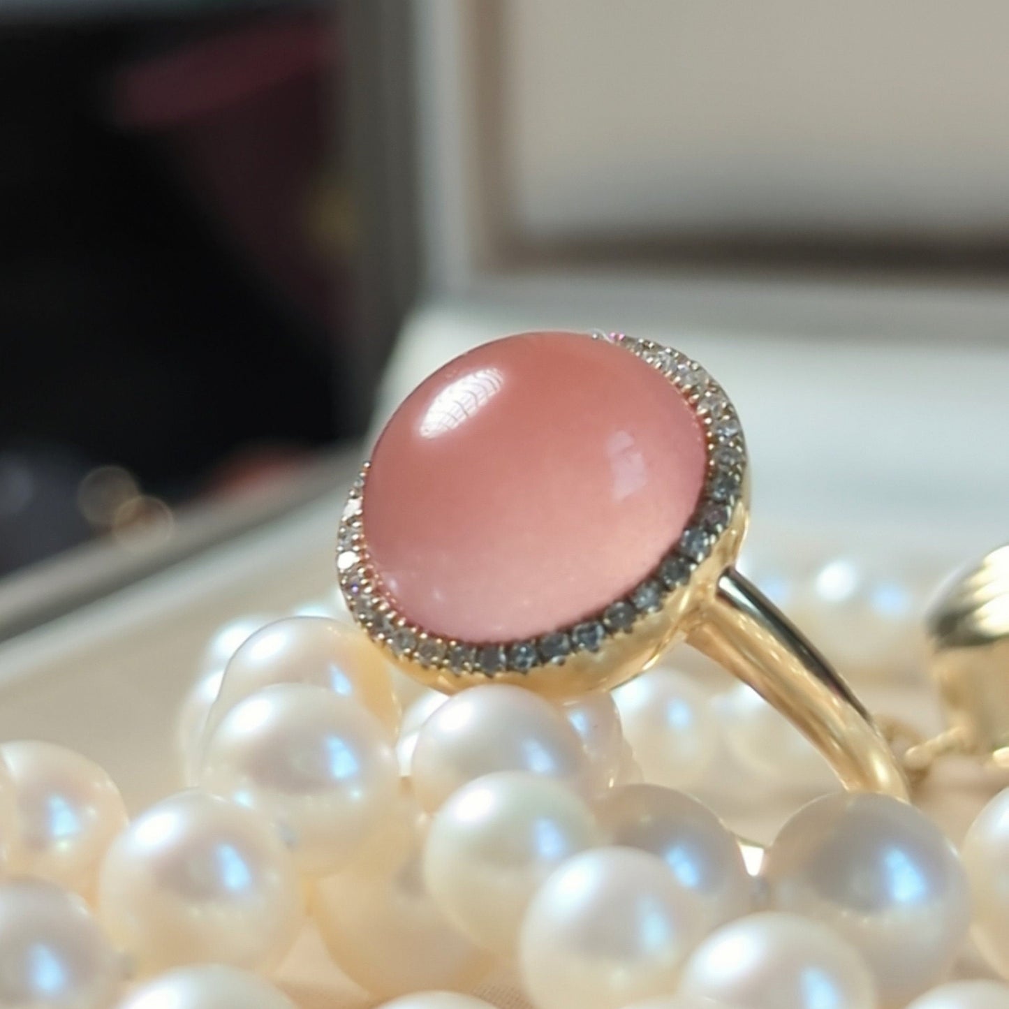 Icy Pink Nanhong Agate Ring: 18K Gold Diamond Halo