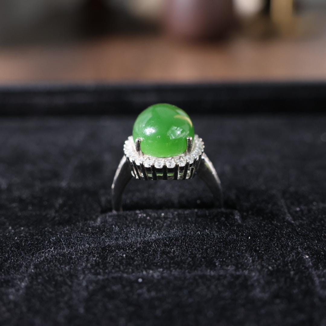 Lush green nephrite Jade Ring: s925 silver Band, adjustable size