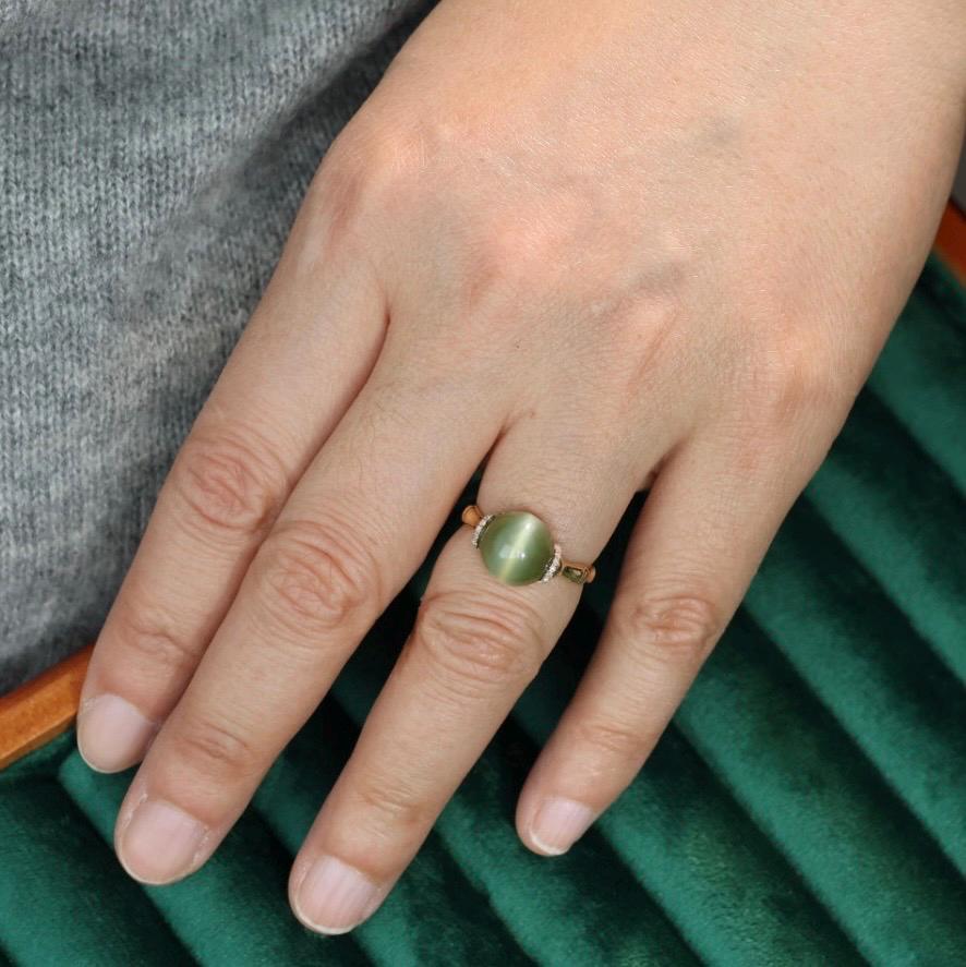 Certified Cat Eye Jade Ring: 18k Gold Bamboo Band, Diamond Accents, US Size 5.5