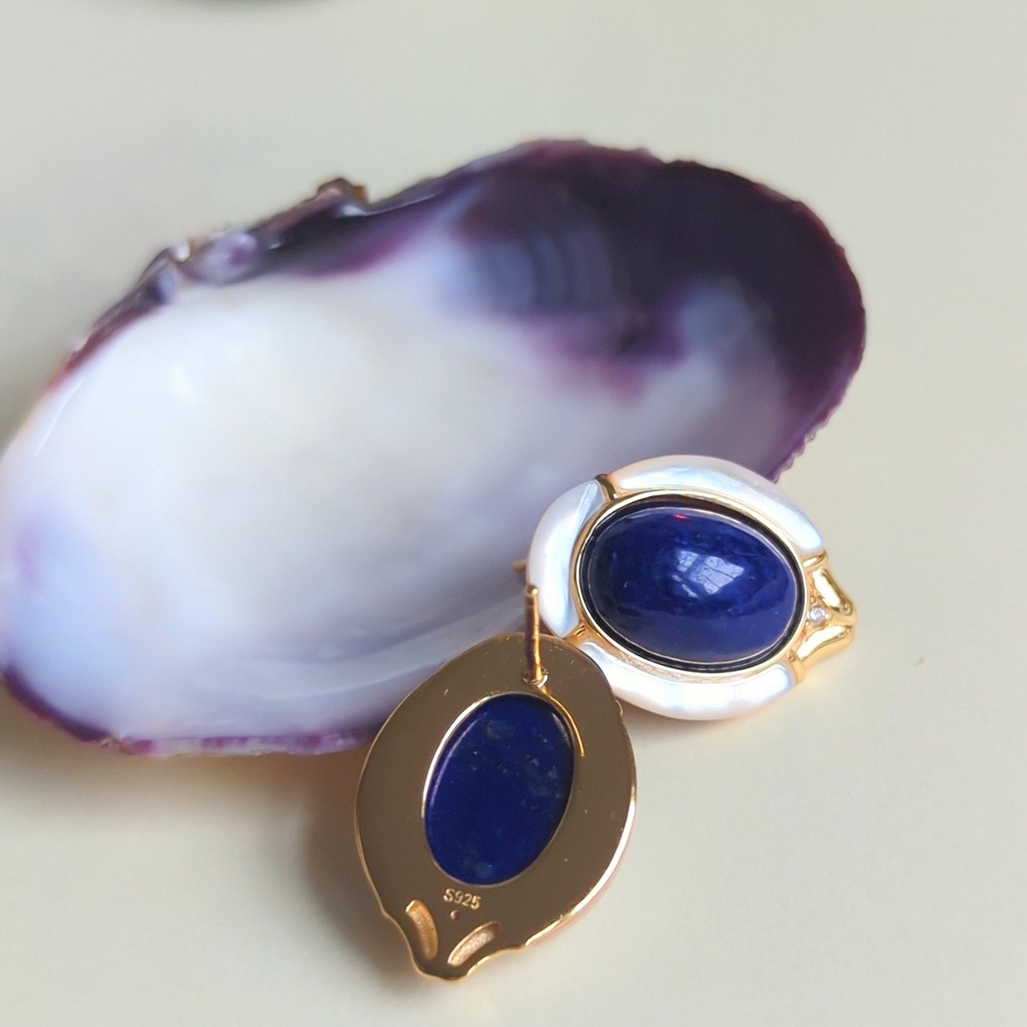 Mid Century Lapis & Mother of Pearl Earrings: S925 Silver