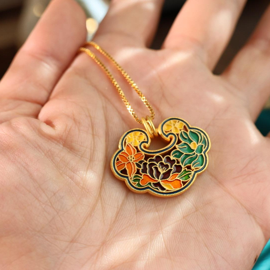 24k gold plated peony lock pendant 足金色花开富贵锁吊坠